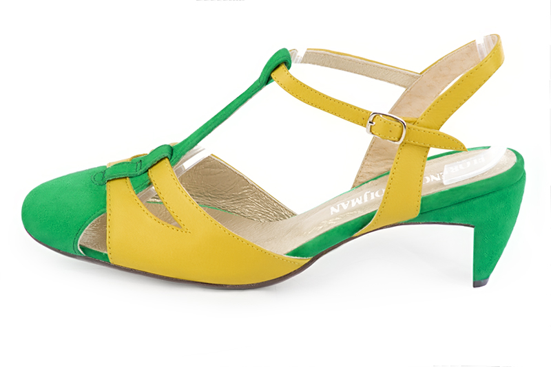 Emerald green and yellow women's open back T-strap shoes. Round toe. Medium comma heels. Profile view - Florence KOOIJMAN